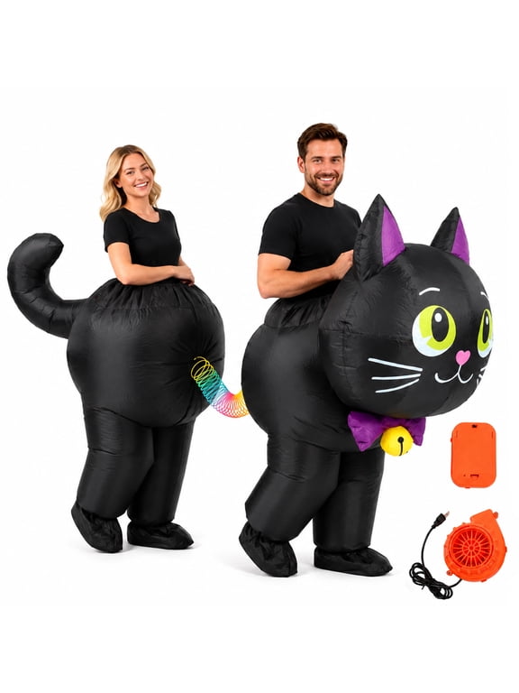 Adult Inflatable Black Cat Couple Costume, Funny Blow Up Black Cat Fancy Dress for Halloween Cosplay, Group Party, Parade, One Size Fits Most Adults