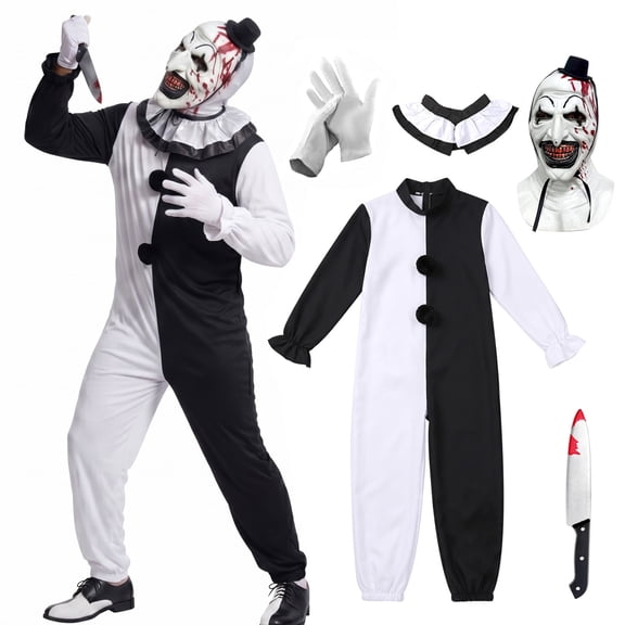 GOBWCOT Adult Terrifier Killer Clown Outfit with Mask Black and White Jumpsuit Halloween Cosplay Costume for Men Women