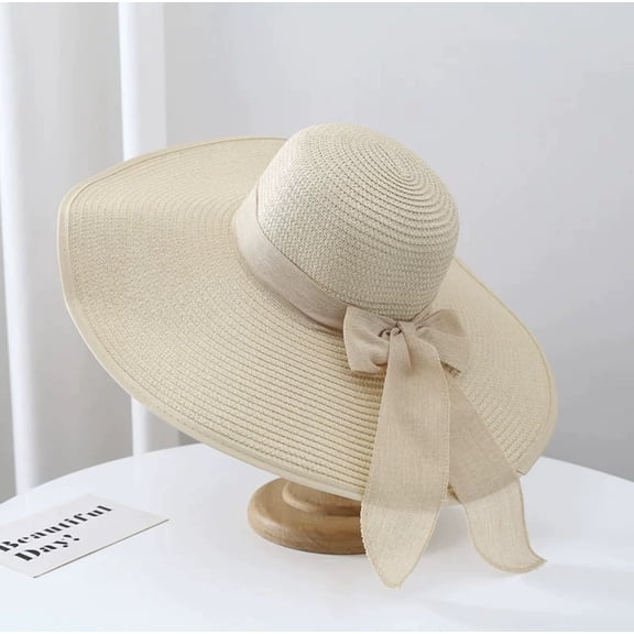 GOBWCOT Big Straw Sun Hats for Women Floppy Foldable Roll up Beach Cap Sun Hat Inches Big Bowknot Vacation Hat(Solid color)