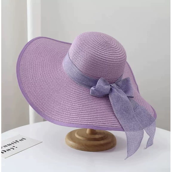 GOBWCOT Big Straw Sun Hats for Women Floppy Foldable Roll up Beach Cap Sun Hat Inches Big Bowknot Vacation Hat(Solid color)