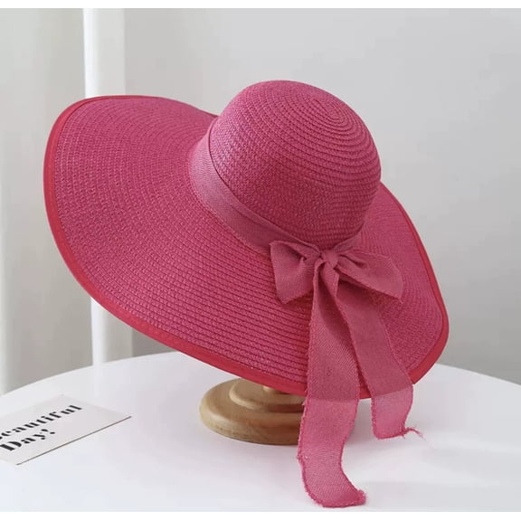 GOBWCOT Big Straw Sun Hats for Women Floppy Foldable Roll up Beach Cap Sun Hat Inches Big Bowknot Vacation Hat(Solid color)