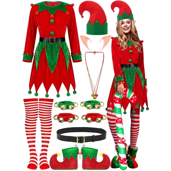 GOBWCOT Christmas Elf Costume for Women, Deluxe Velvet Elf Dress with Hat, Elf Ears, Belt, Striped Socks and Elf Shoes for Holiday Party Cosplay Dress-Up