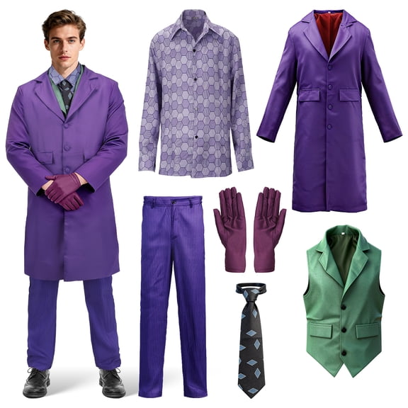 GOBWCOT Clown Costume for Men Set of 7 Clown Killer Cosplay Suit Coat Shirt Tie Gloves Accessories Halloween Outfit