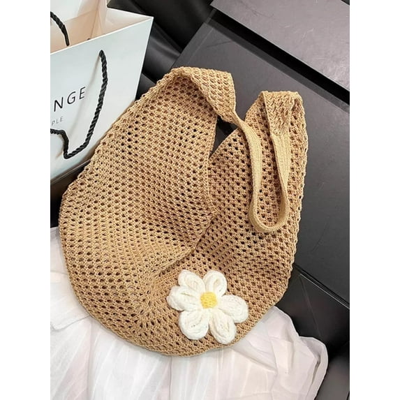 GOBWCOT Crochet Bags for Women, Summer Beach Tote, Decorated With Flowers,Aesthetic Mesh Tote Bag Knit Bag(Khaki)