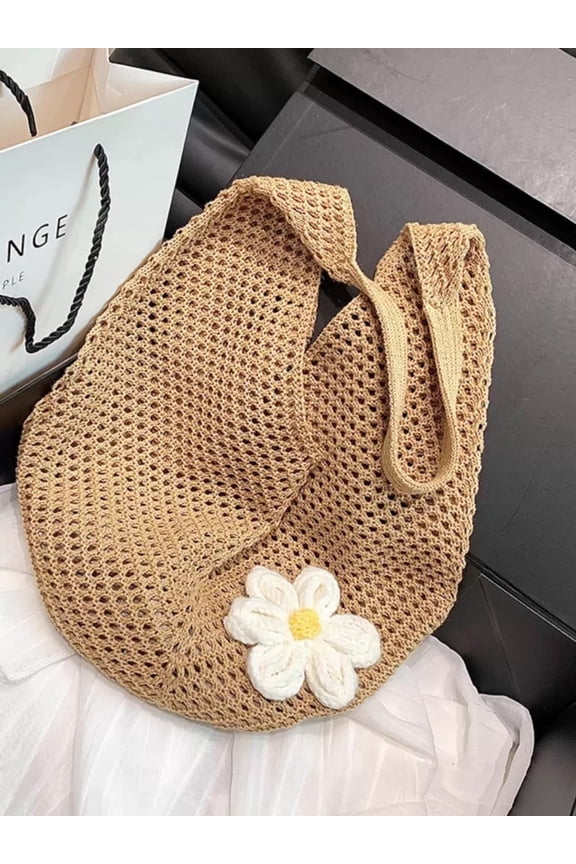 Crochet Bags for Women, Summer Beach Tote, Decorated With Flowers,Aesthetic Mesh Tote Bag Knit Bag(Khaki)