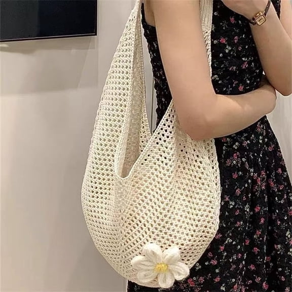 GOBWCOT Crochet Bags for Women, Summer Beach Tote, Decorated With Flowers，Aesthetic Mesh Tote Bag Knit Bag(Off white)