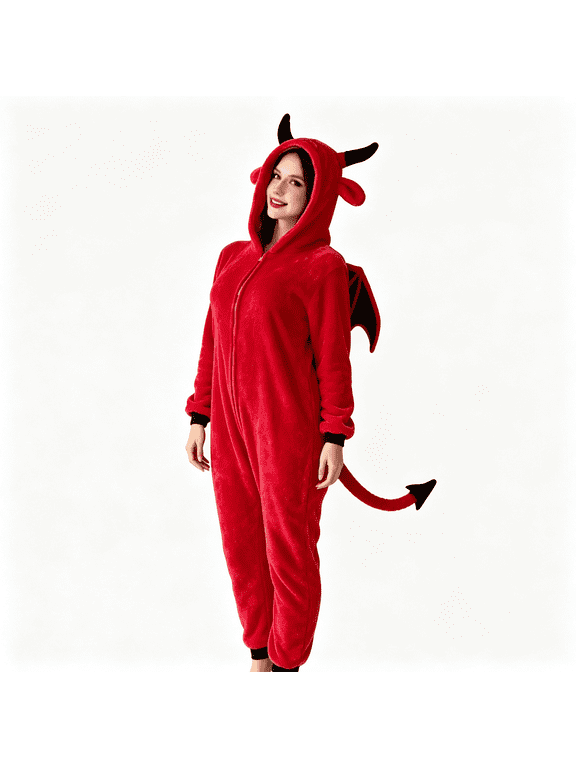 Devil Onesie Pajamas Costume for Adults, Hooded One‑Piece Jumpsuit Outfit for Halloween Christmas Holiday Cosplay Party Loungewear