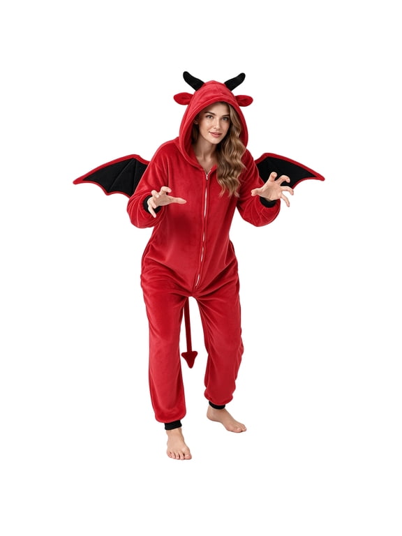 Devil Onesie Pajamas Costume for Adults, Hooded One‑Piece Jumpsuit Outfit for Halloween Christmas Holiday Cosplay Party Loungewear