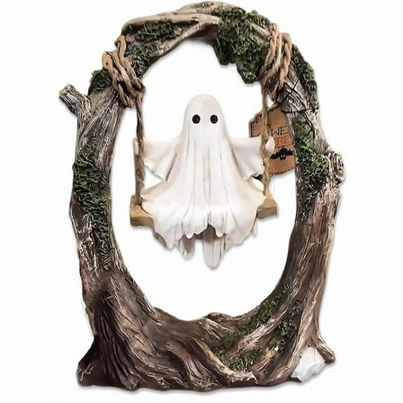 GOBWCOT Ghost on a Tree Swing Swinging Ghost Halloween Figurine, Halloween Swing ghost decor Figurine Indoor Decoration, Halloween Decor for Desktop Bookshelf(A)