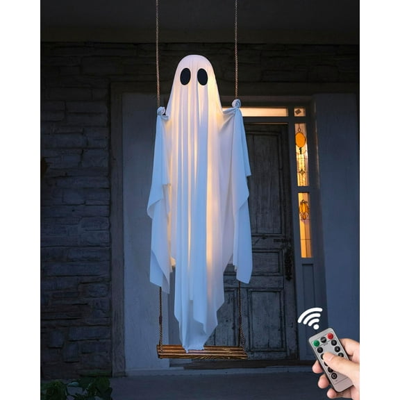 GOBWCOT Halloween Outdoor Decorations - 59-inch Large Hanging Swing Ghost Halloween Decorations with Remote Control Light Strings for Horror Ghost Party Halloween Outdoor Decorations