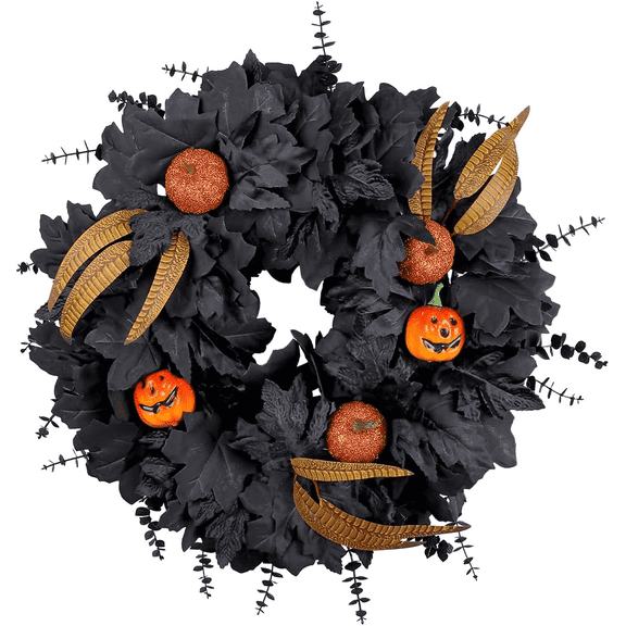 GOBWCOT Halloween Wreath for Front Door Halloween Ghost Face Pumpkin Decoration Wreath 20 Inch Black Maple Leaf Wreaths with Pumpkin for Indoor Outdoor Party Decor