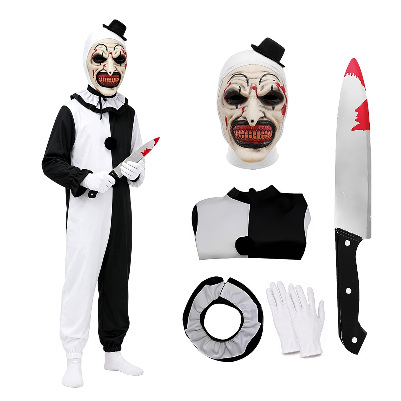 GOBWCOT Kids Clown Costume Terrifying Killer Black & White Scary Clown Jumpsuit Outfit with Mask, Knife Prop, Gloves for Halloween