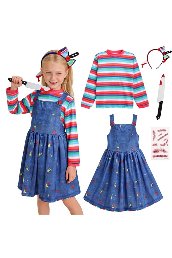 Kids Denim Dress Costume Girls Horror Movie Costume Cosplay Outfits with Headband Knife Prop