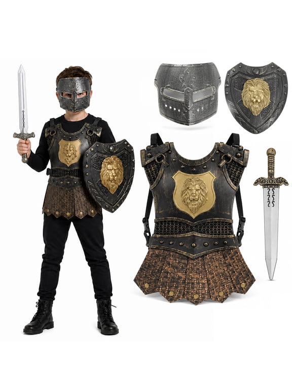 Kids Medieval Knight Armor Costume, Gladiator Soldier Outfit with Helmet Mask, Sword & Shield for Halloween Cosplay Costume DressUp RolePlay