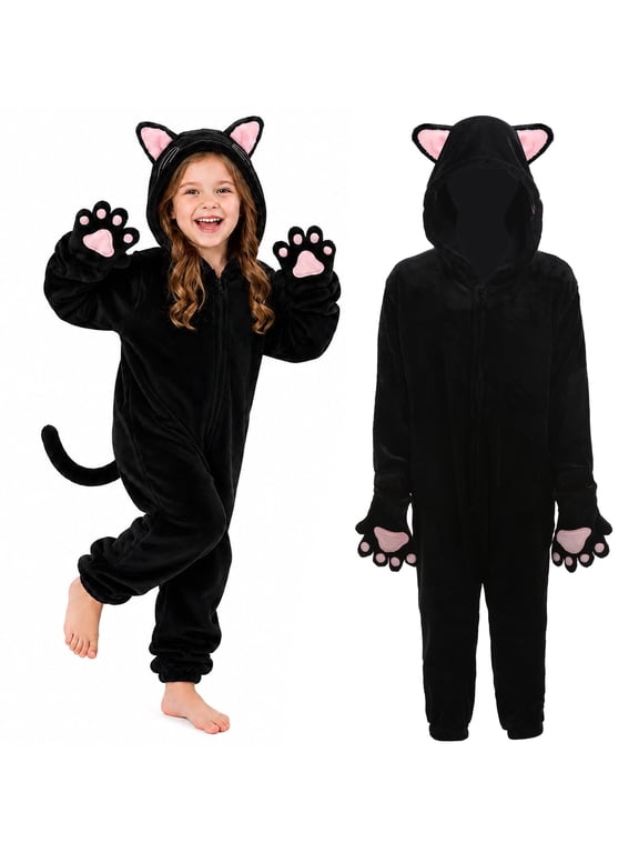 Kids Onesie Pajamas Animal Hooded Jumpsuit Black Cat One-piece Sleepwear Christmas Halloween Costume Cosplay for Boys and Girls