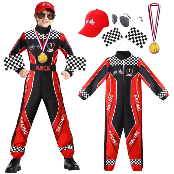 GOBWCOT Kids Race Car Driver Costume, Racing Jumpsuit Outfit for Halloween Cosplay Party Dress‑Up Role-Play