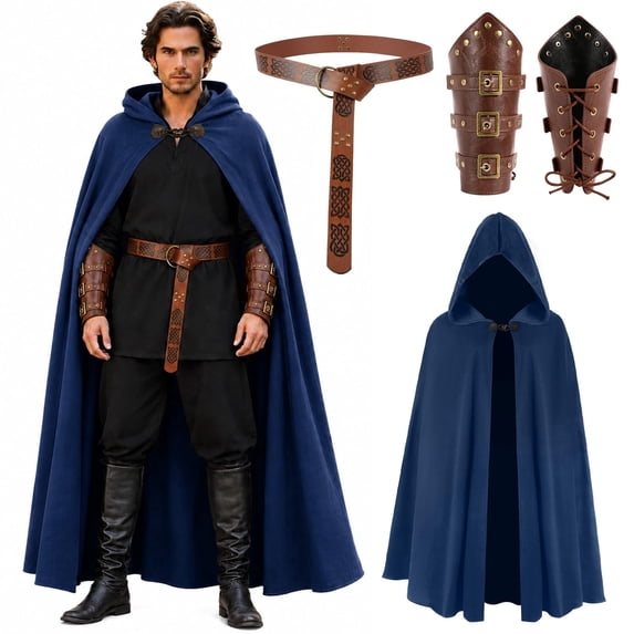 GOBWCOT Medieval Cloak with Hood for Men Renaissance Costume with Belt Bracers Halloween Cape Cosplay Accessories