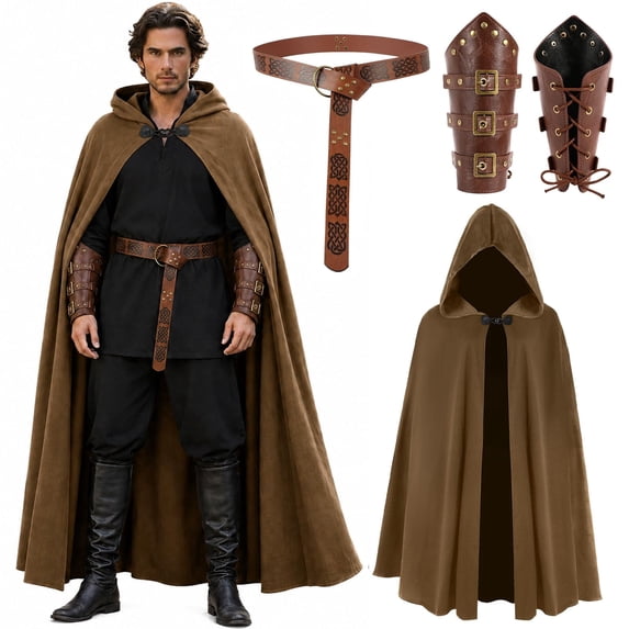 GOBWCOT Medieval Cloak with Hood for Men Renaissance Costume with Belt Bracers Halloween Cape Cosplay Accessories