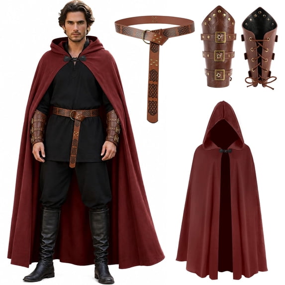 GOBWCOT Medieval Cloak with Hood for Men Renaissance Costume with Belt Bracers Halloween Cape Cosplay Accessories