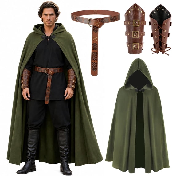 GOBWCOT Medieval Cloak with Hood for Men Renaissance Costume with Belt Bracers Halloween Cape Cosplay Accessories