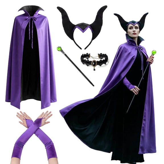 GOBWCOT Meleficent Evil Queen Costume for Women, Gothic Witch Cape Outfits for Halloween Cosplay Party DressUp