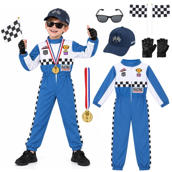GOBWCOT Race Car Driver Costume for Kids, Racing Jumpsuit Outfit with Hat, Gloves, Medal, Checkered Flags & Accessories, Halloween Cosplay Dress‑up for Boys Girls