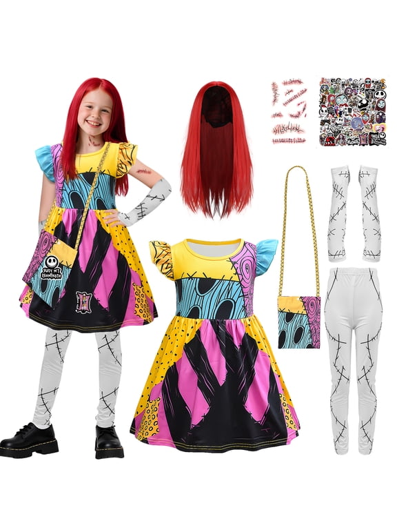 Sally Costume for Kids Nightmare Dress with Wig & Accessories Halloween Cosplay Outfit for Girls