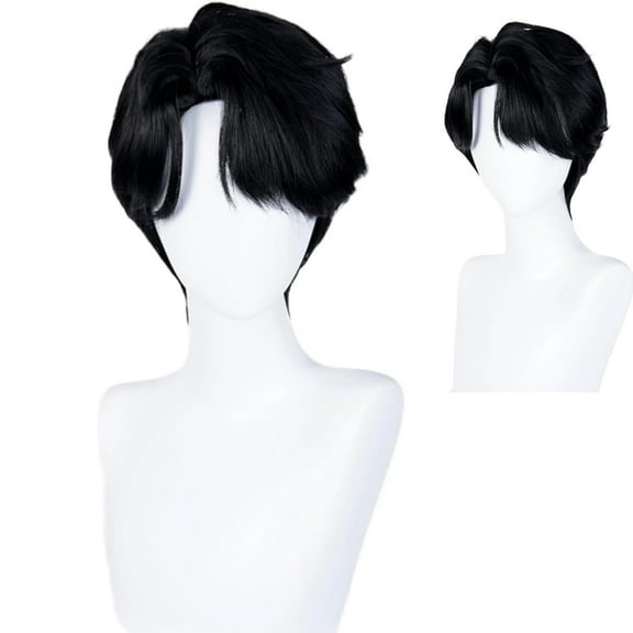 GOBWCOT Short Black Anime Wig with Bangs Men's Black Side Part Wigs for Party Unisex