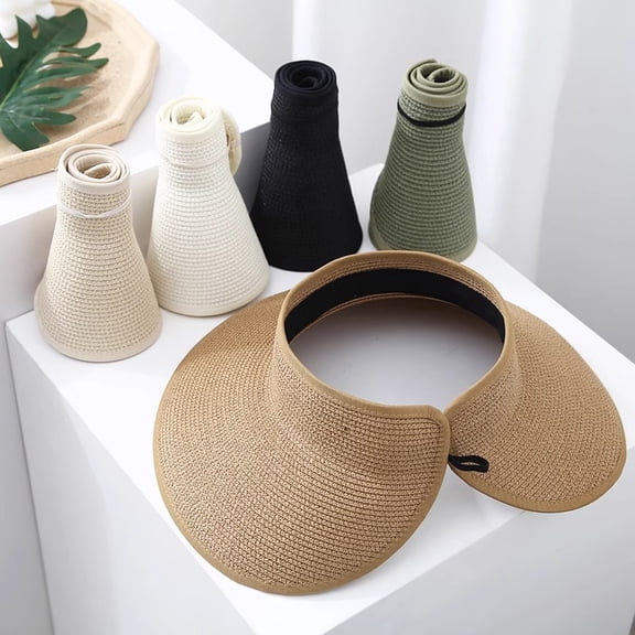 GOBWCOT Sun Visors for Women, Wide Brim Roll-Up Sun Hat, Topless Summer Beach Hat, Packable Travel Hat - UV Protection(Khaki)