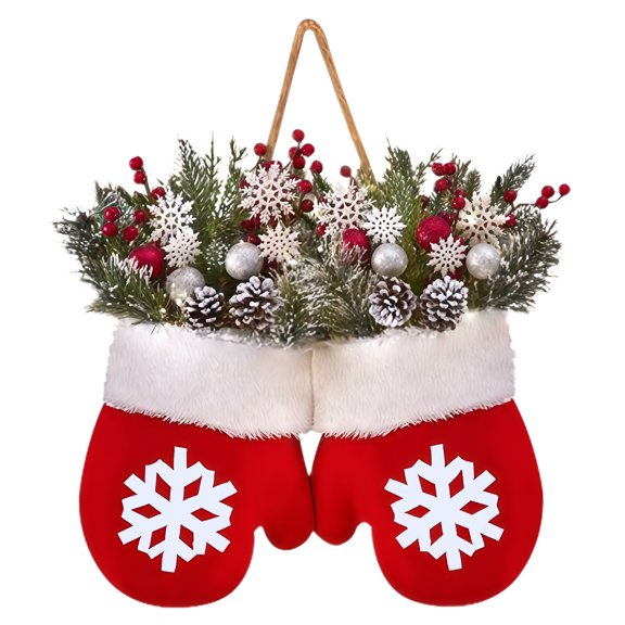 GOBWCOT Twinkling Christmas Mitten Wreath with 120 LED Lights Christmas Wreath Front Door Artificial Garland with Faux Pine Branches,Red Berries and Frosted Pinecones
