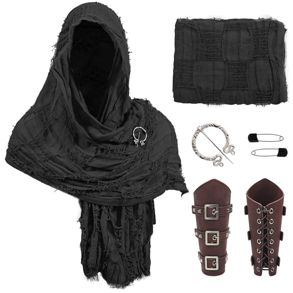 GOBWCOT Wasteland Hooded Shawl with Brooch and Bracers Renaissance Costume Medieval Hooded Cloak for Rogue Cosplay