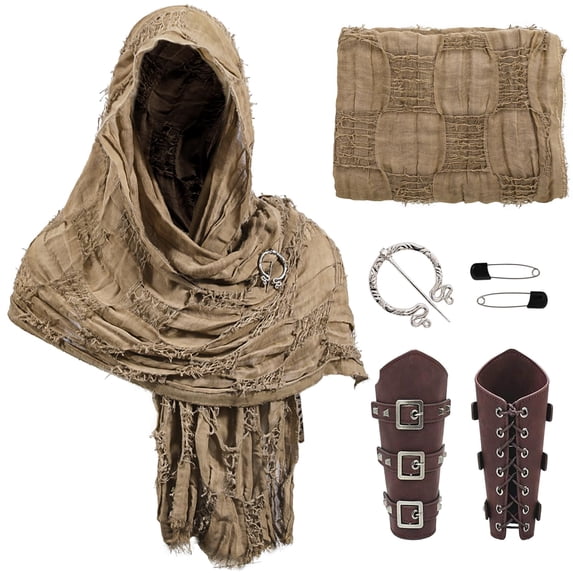 GOBWCOT Wasteland Hooded Shawl with Brooch and Bracers Renaissance Costume Medieval Hooded Cloak for Rogue Cosplay