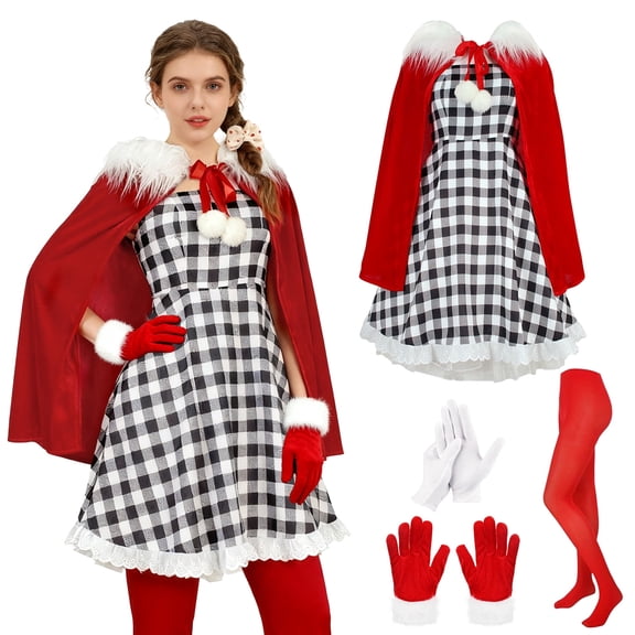 GOBWCOT Women Cindy Costume Buffalo Plaid Christmas Cosplay Santa Dress for Xmas Holiday Party Outfit