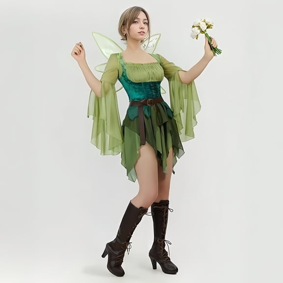 GOBWCOT Women's Elf Costume, Medieval Green Magic Elf Dress with Wings and Ears, Halloween Party Outfit Set
