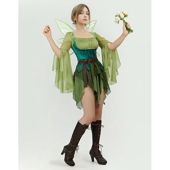 GOBWCOT Women's Elf Costume, Medieval Green Magic Elf Dress with Wings and Ears, Halloween Party Outfit Set