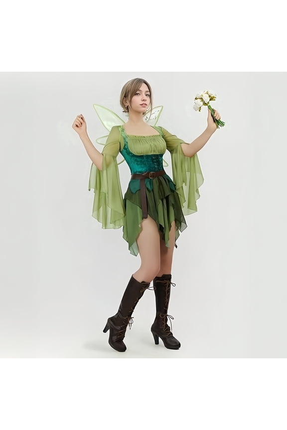 Women's Elf Costume, Medieval Green Magic Elf Dress with Wings and Ears, Halloween Party Outfit Set