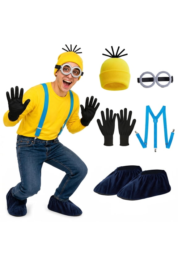 Yellow Cartoon Costume Accessories for Adults, Set of 5 Halloween Cosplay Kit for Men Women, Yellow Beanie Hat with Black Gloves, Blue Suspenders, Goggles and Shoe Covers for Dress Up