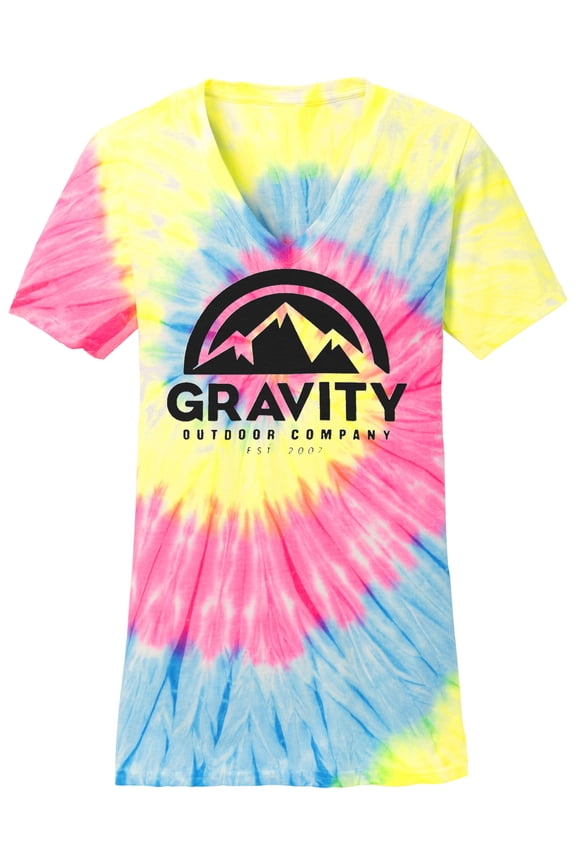 GOC Mountain Water-Based Womens Tie-Dye V-Neck Shirt - Neon Rainbow - Medium