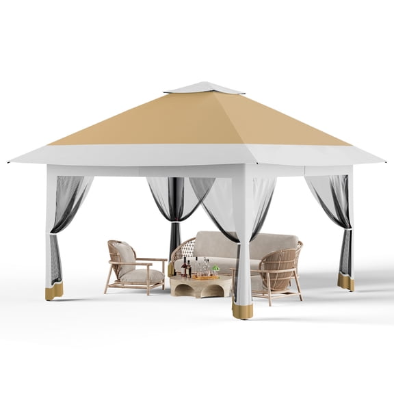 GOCAPTAIN 12x12 FT Patio Gazebo Tent with Mosquito Netting, One-Push Setup Outdoor Canopy Shelter for Backyard, Garden, Khaki + Dark Brown