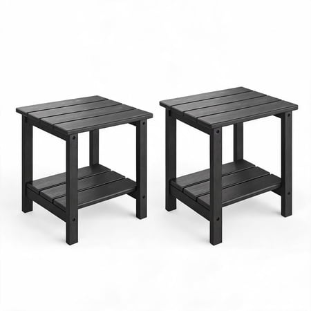 GOCAPTAIN 18" 2-Tier Outdoor Side Table Patio End Table – HDPE All Weather Resistant Outdoor End Table for Patio, Pool, Deck, Backyard, Indoor – Black, 2 Pack