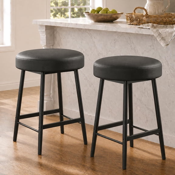 GOCAPTAIN 2-Pack 26" Bar Stools Counter Height Stools – Backless Round Counter Stools with Wide Upholstered Seat, Sturdy Metal Frame & Footrest – for Kitchen Island, Pub, Dining Room, Black