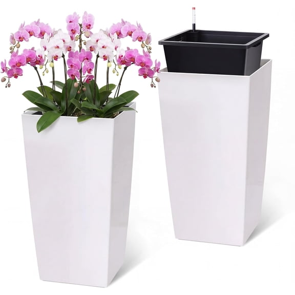 GOCAPTAIN 2 Pack 30 Inch Self-Watering Planters Tall Planters – Large Indoor Outdoor Flower Pots with Drainage Holes, Water Level Monitor, Inner Bucket & Wheels – for Porch, Patio - White