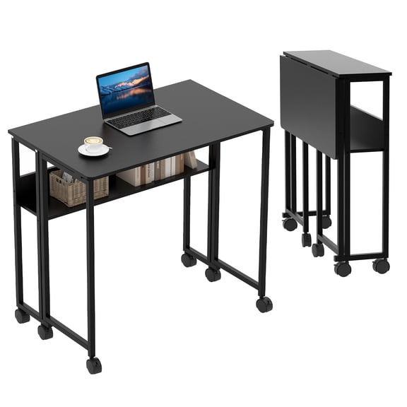 GOCAPTAIN 24.8 Inch Folding Desk Rolling Desk – Compact Foldable Laptop Table with Storage Shelf & Wheels, Space-Saving Mobile Desk for Home Office, Study, Easy Assembly, Black