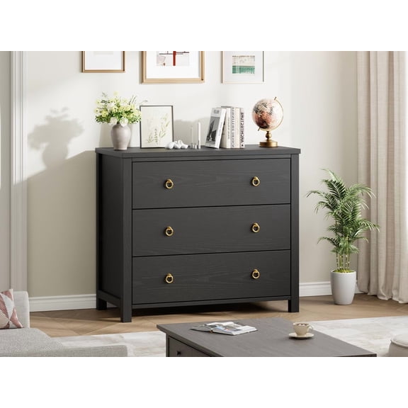 GOCAPTAIN 3 Drawer Dresser, Modern Wooden Dresser with Gold Handles, Smooth-Glide Chest of Drawers for Living Room, Bedroom, Black