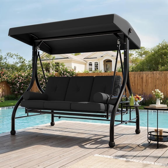 GOCAPTAIN 3-Seat Outdoor Porch Swing with Stand and Adjustable Canopy, 800 lbs Heavy Duty Garden Patio Swing Chair with Cup Holders, Cushions and Pillows for Adults – Gray