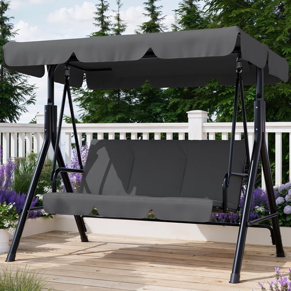 GOCAPTAIN 3-Seat Patio Swing Chair with Adjustable Canopy, Outdoor Porch Swing with Thick Cushions, Heavy-Duty Steel Frame, 600 lb Capacity, Gray