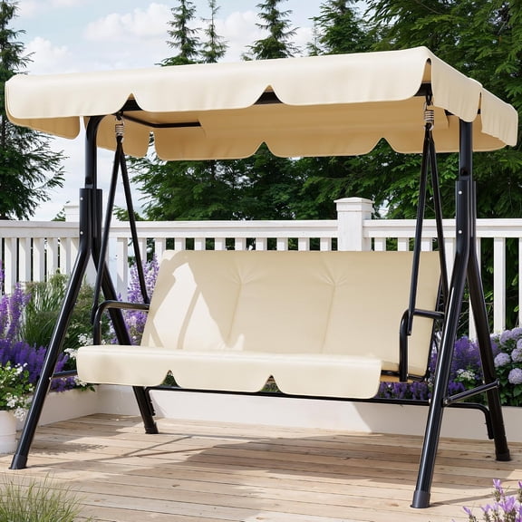 GOCAPTAIN 3-Seat Patio Swing Chair with Adjustable Canopy, Outdoor Porch Swing with Thick Cushions, Heavy-Duty Steel Frame, 600 lb Capacity, Khaki
