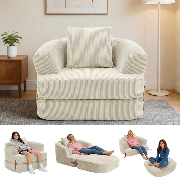 GOCAPTAIN 3-in-1 Folding Sofa Bed Convertible Sleeper Chair – Memory Foam Floor Couch with Washable Cover, Back Support & Portable Design – for Living Room, Bedroom, Dorm, Apartment - Beige