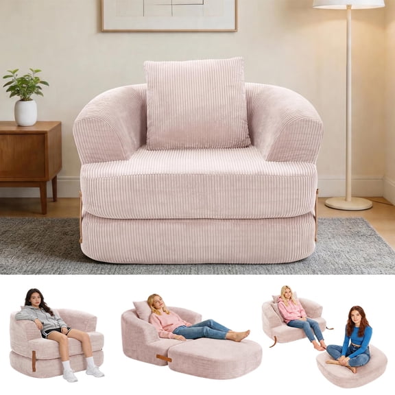GOCAPTAIN 3-in-1 Folding Sofa Bed Convertible Sleeper Chair – Memory Foam Floor Couch with Washable Cover, Back Support & Portable Design – for Living Room, Bedroom, Dorm, Apartment - Pink