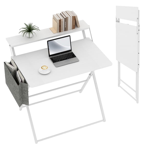GOCAPTAIN 31.5" No Assembly Collapsible Small Computer Desk – Compact 2-Tier Office Desk with Shelf & Side Pocket, Sturdy Space-Saving Portable Table for Home Office, Bedroom, Apartment – White